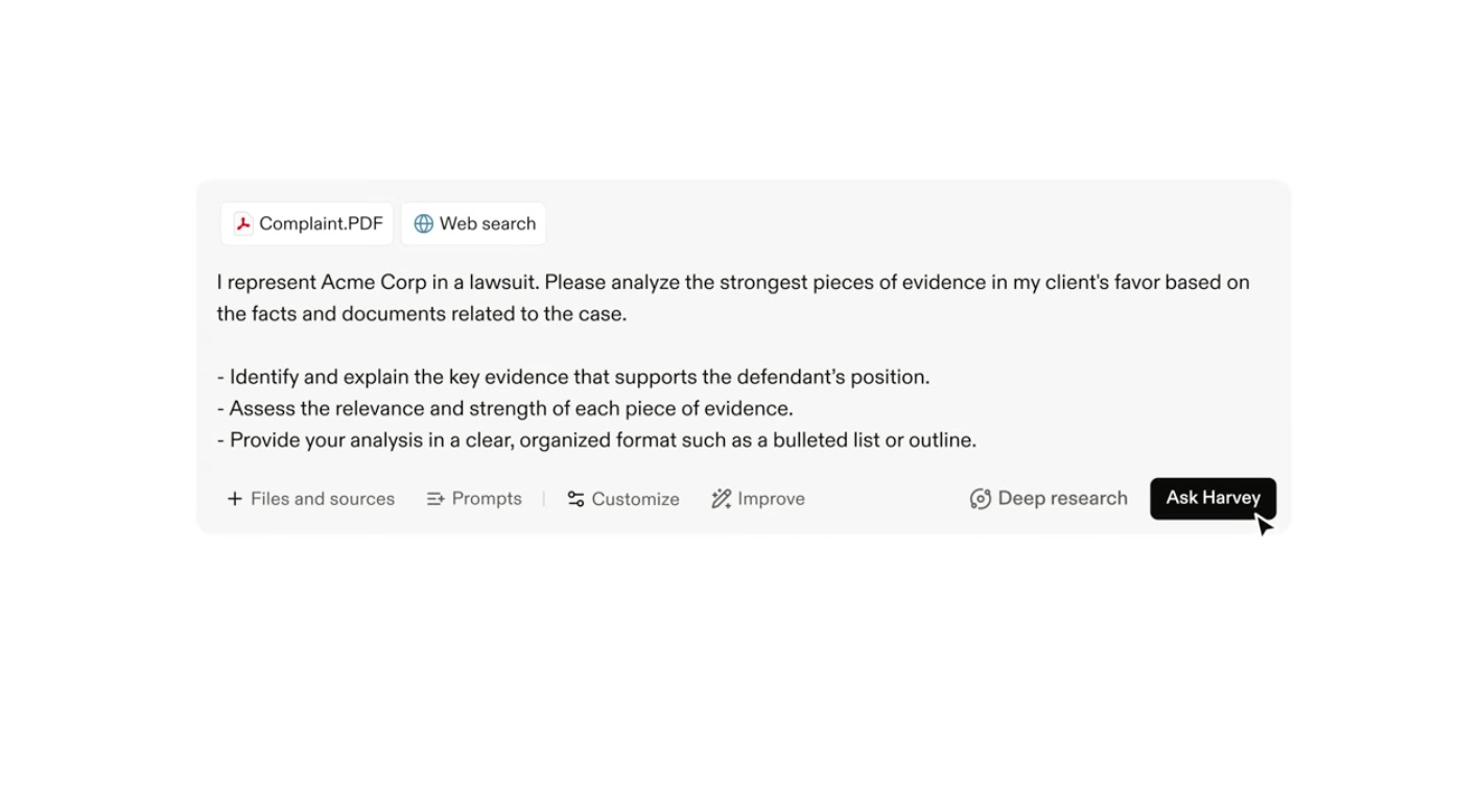 Harvey's AI chat interface showing an uploaded Complaint.PDF with a detailed litigation analysis prompt and an Ask Harvey button
