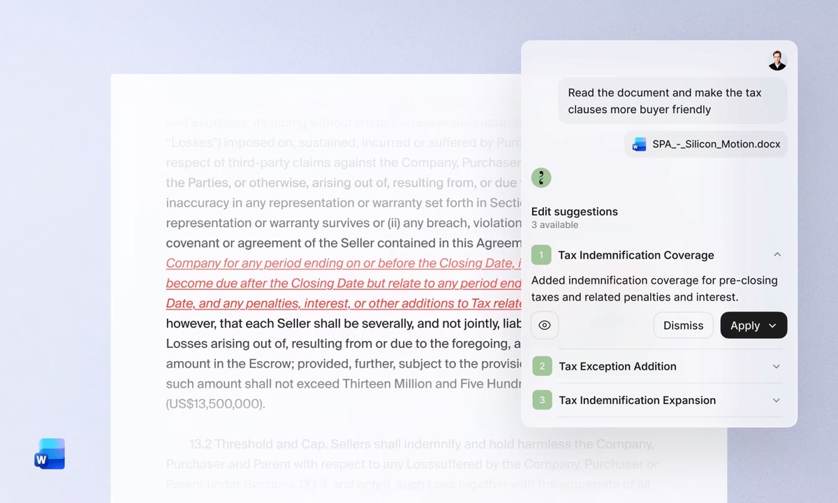 Legora's Word plugin showing AI-suggested edits to tax clauses in a Share Purchase Agreement, with options to apply or dismiss each suggestion
