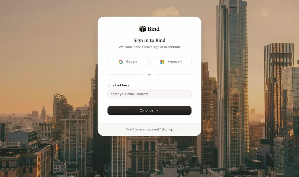 The Bind sign-in screen, showing Google and Microsoft buttons, an email field, and a "Don't have an account? Sign up" link at the bottom