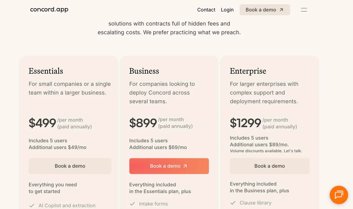 Concord's pricing page showing three tiers at $499, $899 and $1299 per month, each with a "Book a demo" button and no sign-up option