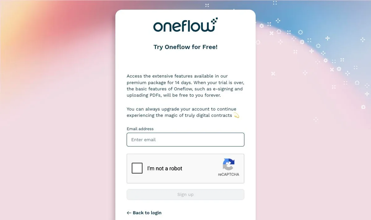 Oneflow's signup page, offering 14 days of the premium package and stating that basic features including e-signing stay free forever after the trial
